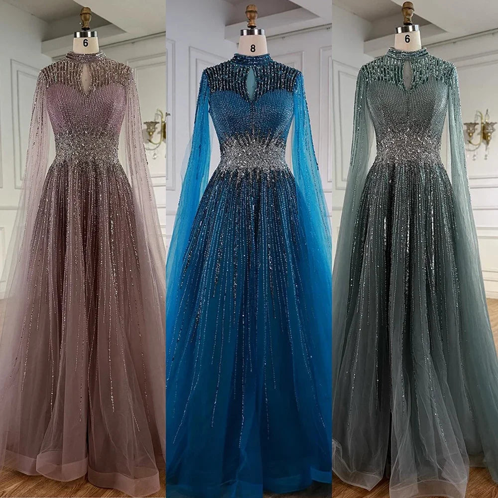 Custom Elegant Modest Blue Beaded Dubai Gown With Cape Sleeves
