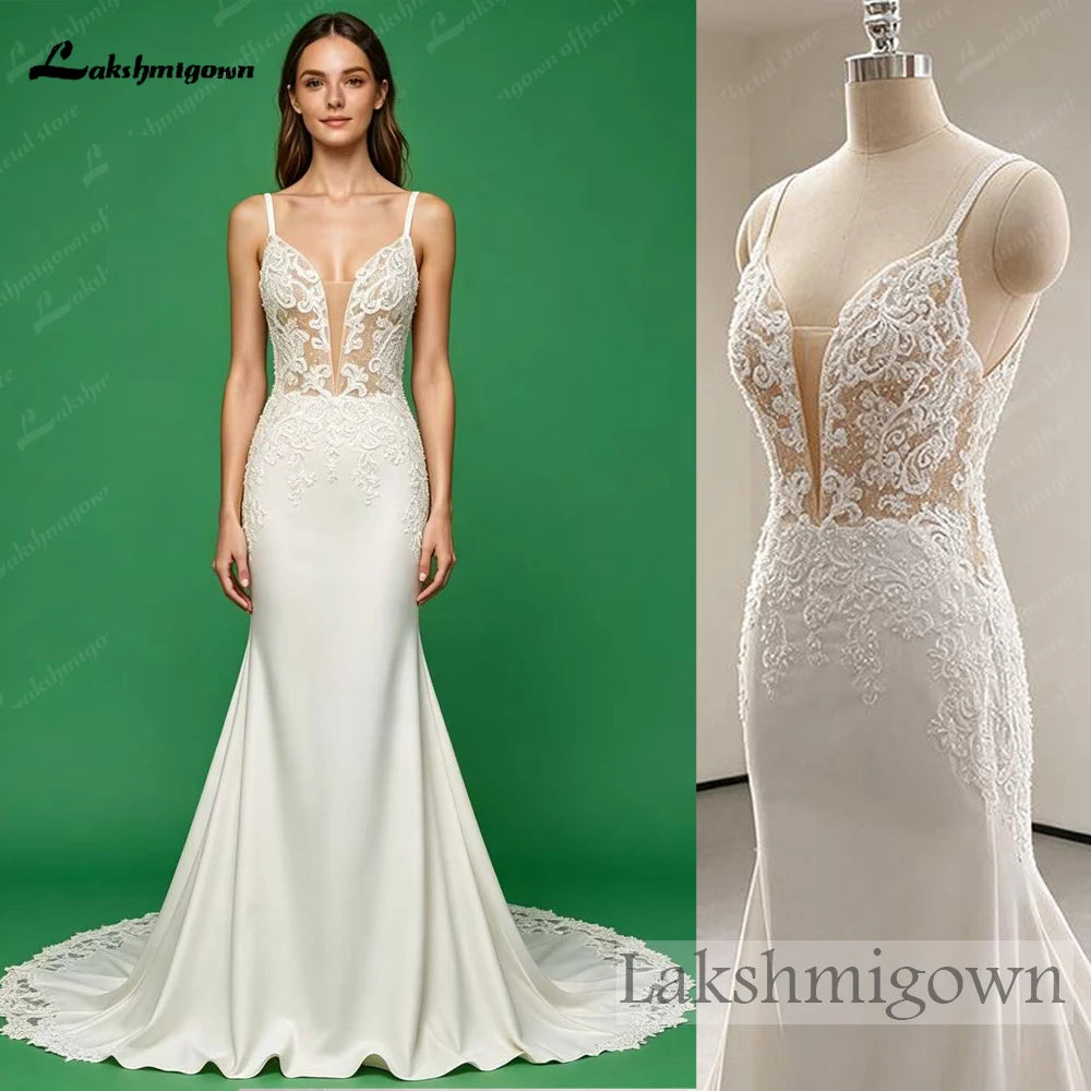 Custom Lace Mermaid Wedding Dress Beaded V Neck Spaghetti Straps Chapel Train