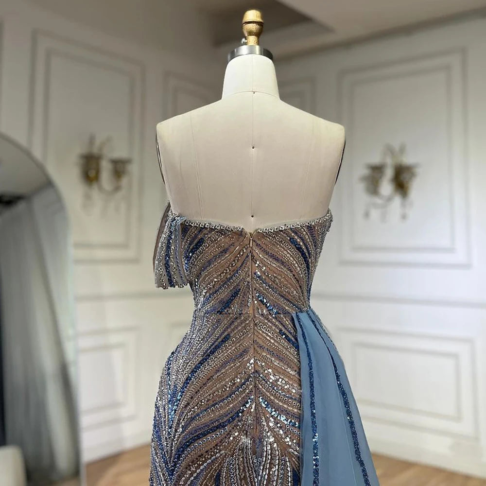 Serene Hill Blue Strapless Mermaid Beaded Custom Evening Gown With Skirt