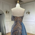 Serene Hill Blue Strapless Mermaid Beaded Custom Evening Gown With Skirt