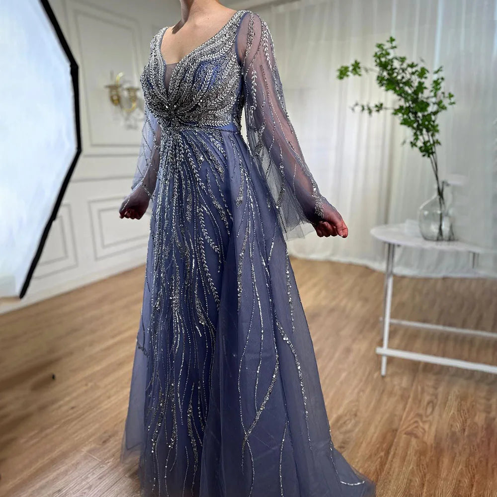 Custom Blue A Line Beaded Formal Evening Dress Arabian Wedding Gown For Women