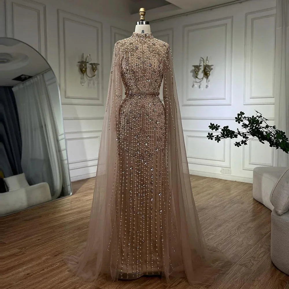 Custom Gray Mermaid Gown Cape Sleeves Beaded Pearls Elegant Evening Dress