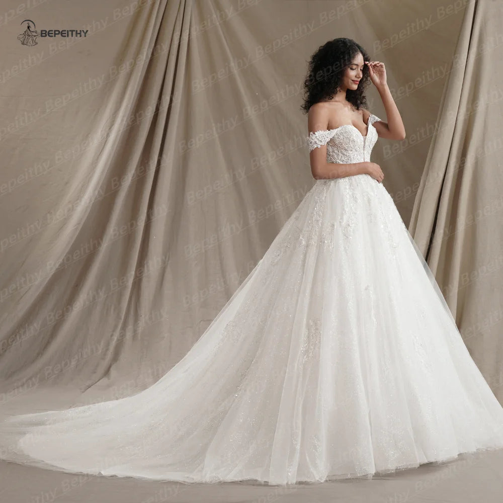 Custom Made Plus Size Ivory Off Shoulder Glitter Wedding Dress