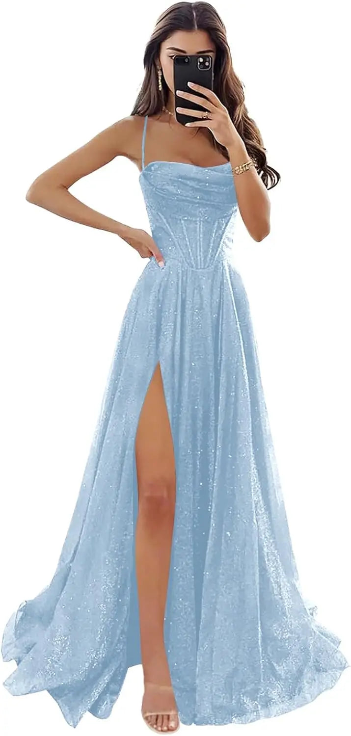 Vestidos de fiesta largos formales de tul con brillo para mujer, tirantes finos, escote drapeado y abertura, vestido de noche para evento