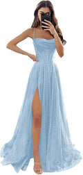 Vestidos de fiesta largos formales de tul con brillo para mujer, tirantes finos, escote drapeado y abertura, vestido de noche para evento