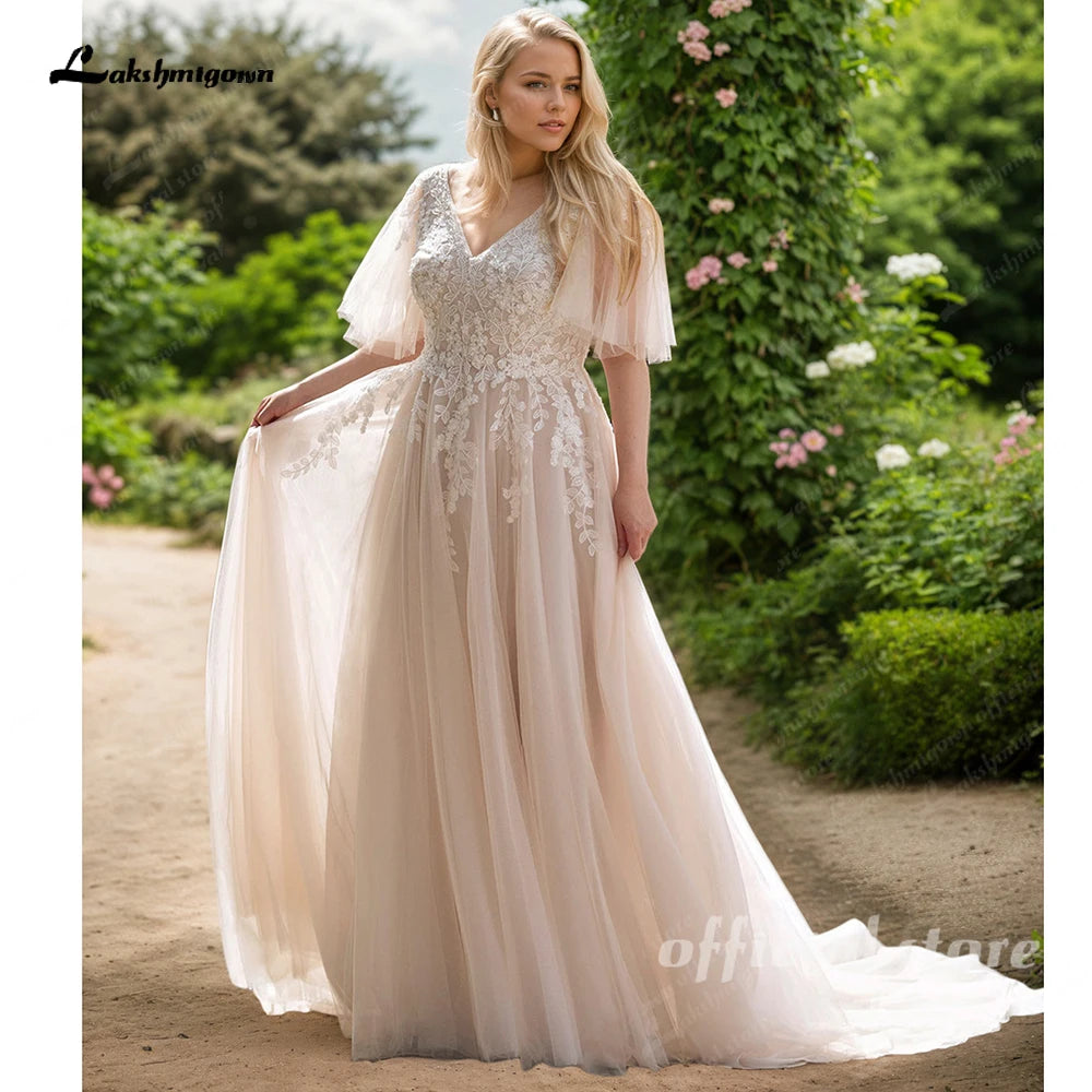 Lakshmigown Custom Plus Size Champagne Lace V Neck Wedding Gown
