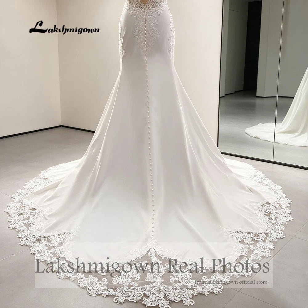 Custom Lace Mermaid Wedding Dress Beaded V Neck Spaghetti Straps Chapel Train
