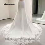 Custom Lace Mermaid Wedding Dress Beaded V Neck Spaghetti Straps Chapel Train
