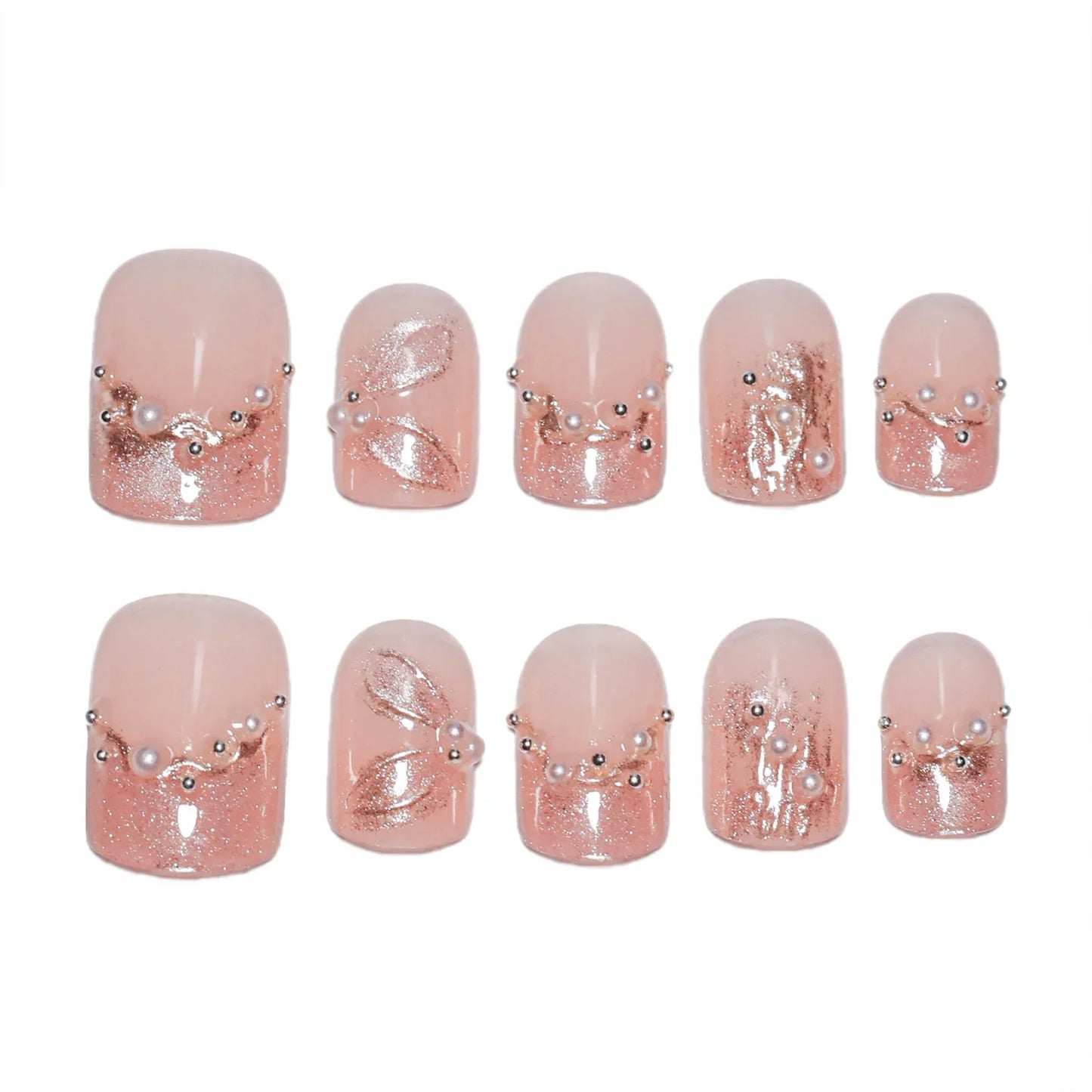 10 uñas postizas cortas y redondas, hechas a mano, estilo francés, color rosa, con diseño de ojo de gato y diamantes de imitación de perla. 