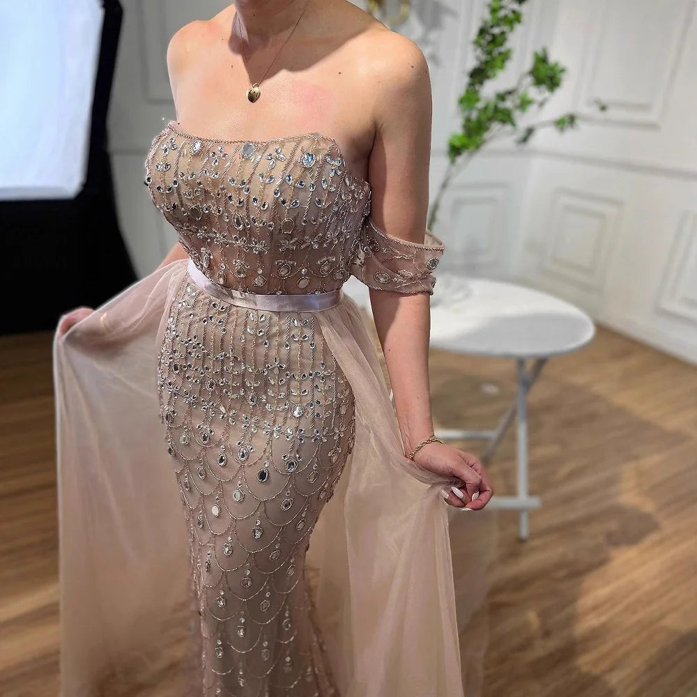 Customized Red Off Shoulder Mermaid Beaded Evening Dress For Women