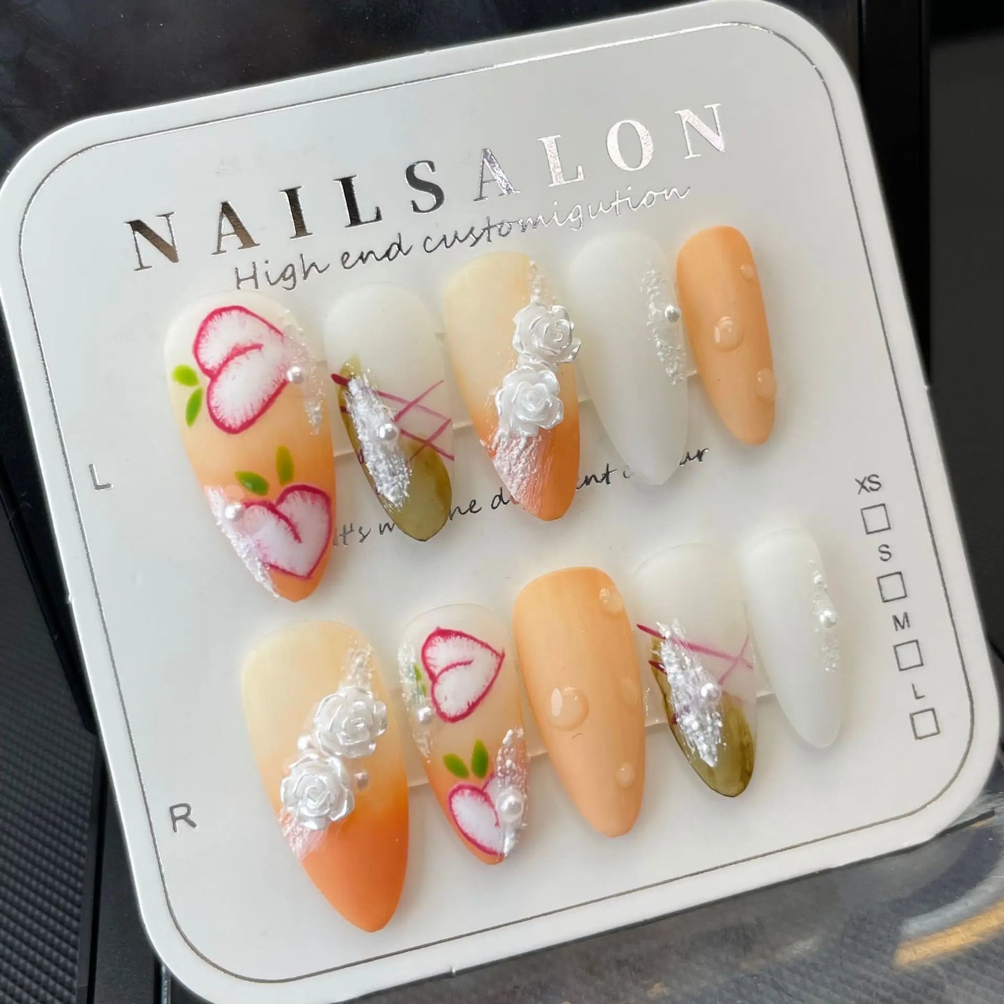 10 parches de uñas postizas ovaladas cortas y dulces, pintados a mano, con diseño de flor de fresa rosa en 3D, para primavera y verano, hechos a mano. 