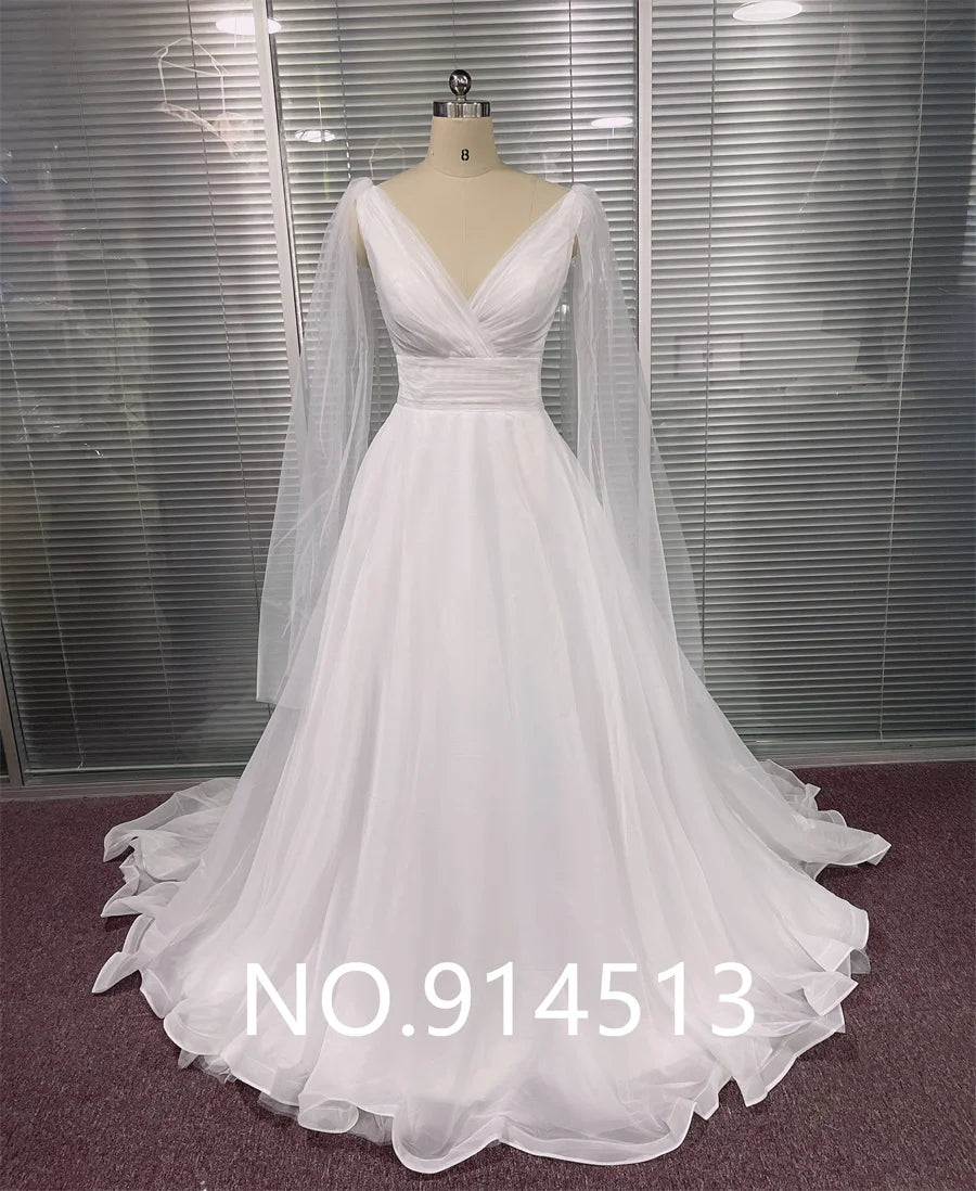 Custom Plus Size Organza Tulle Wedding Dress V Neck Backless Bridal Gown