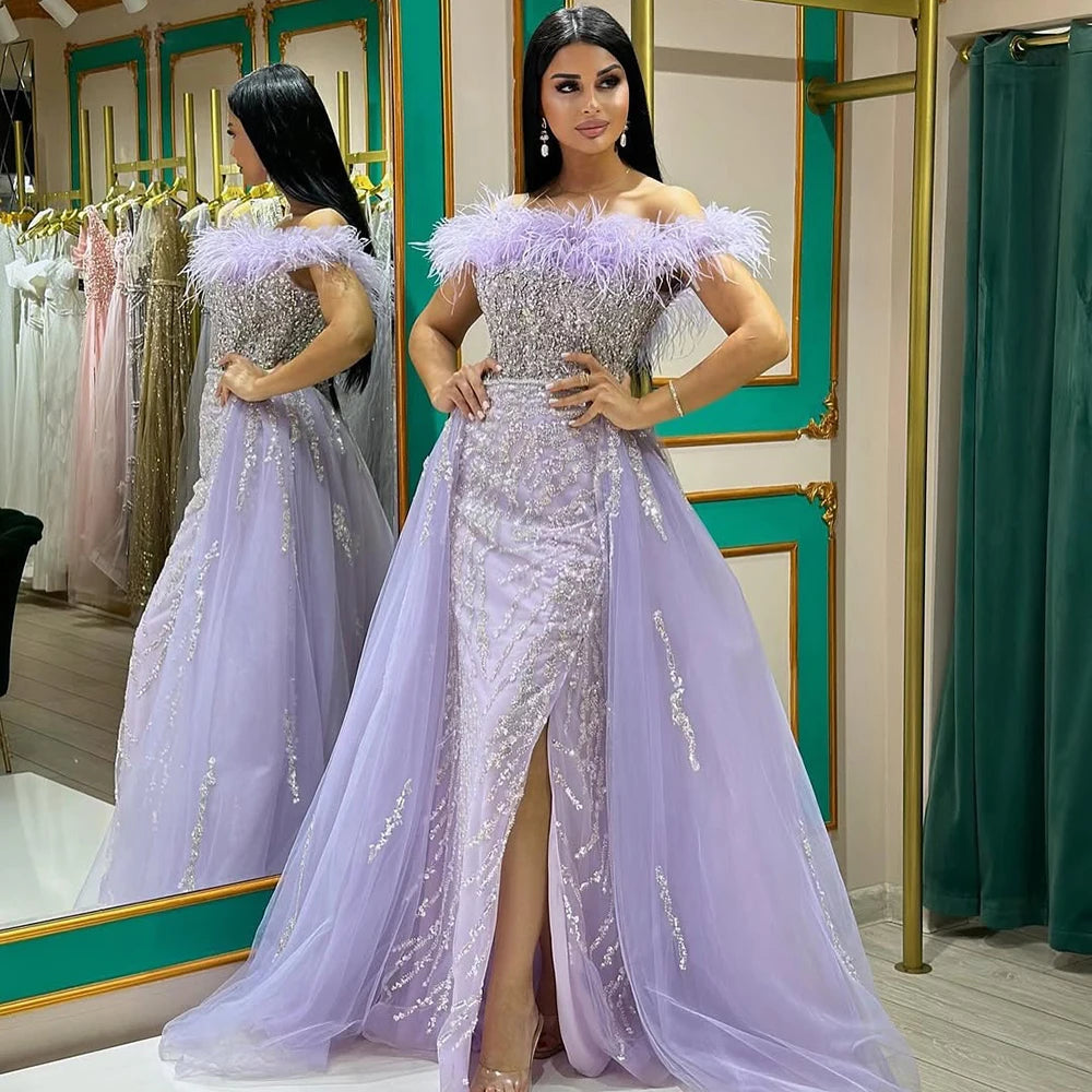 Custom Yellow Feather Beaded Mermaid Evening Dress With Overskirt Side Slit