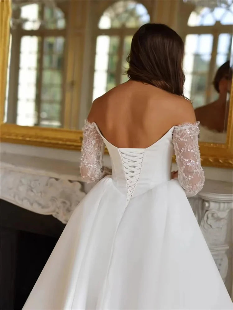 Custom Off Shoulder Satin A Line Wedding Gown Lace Up Back Side Slit