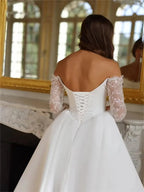 Custom Off Shoulder Satin A Line Wedding Gown Lace Up Back Side Slit