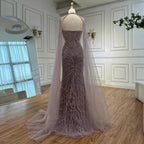 Customized White Nude Mermaid Evening Dress With Cape And Beaded Feathers