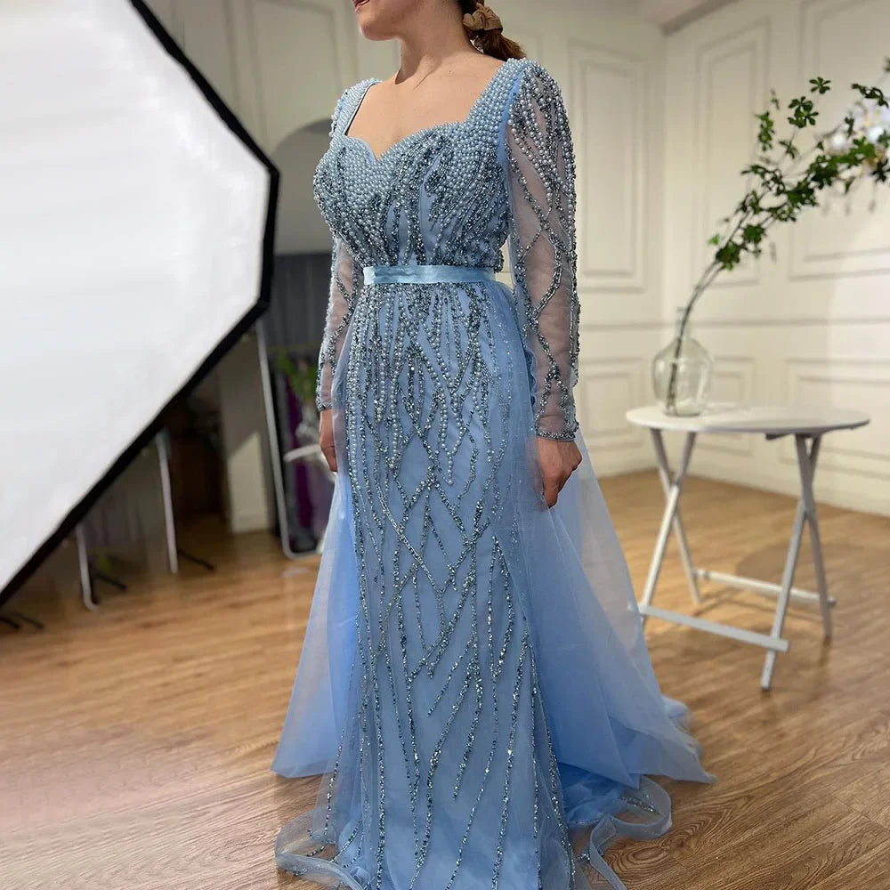 Custom Blue Long Sleeve Mermaid Pearl Beaded Evening Dress Women Wedding Gown