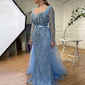 Custom Blue Long Sleeve Mermaid Pearl Beaded Evening Dress Women Wedding Gown