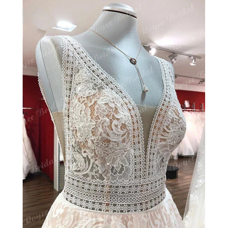 Lakshmigown Boho Champagne Lace V Neck Sleeveless Custom Train Bridal Gown