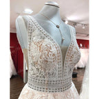 Lakshmigown Boho Champagne Lace V Neck Sleeveless Custom Train Bridal Gown