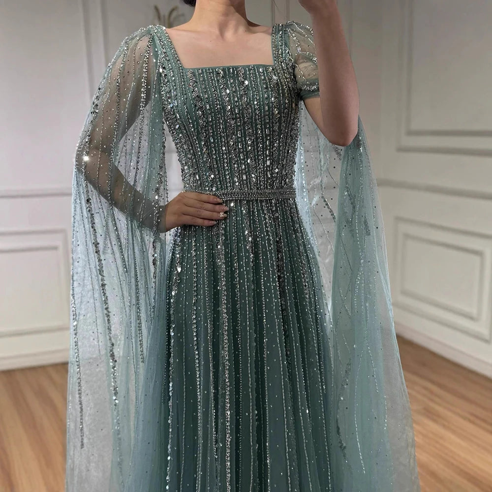 Women Turquoise Beaded Evening Gown Square Collar Cape Sleeves