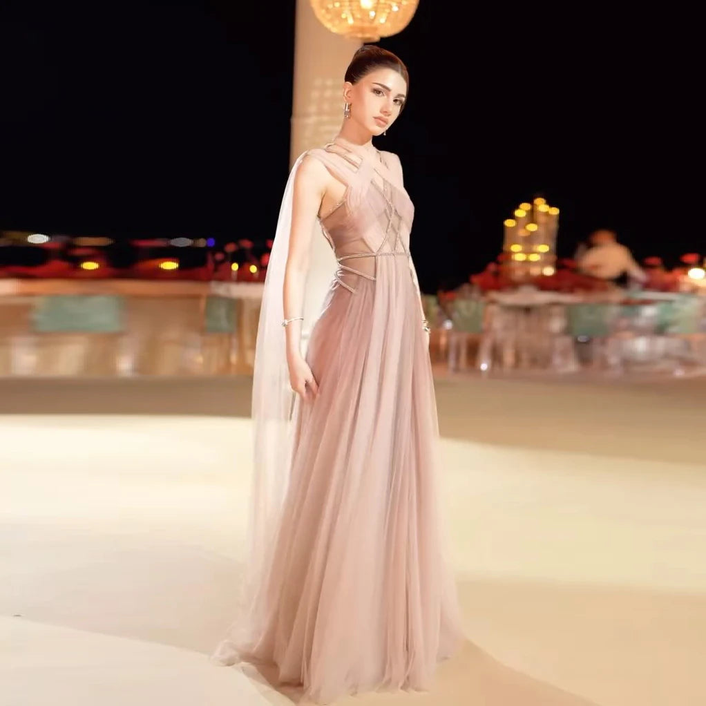 Sharon Said Ombre Pink Elegant Evening Dress with Cape Sleeve Criss Cross Halter Backless Women's Party Gowns SS309 Customized