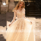 Boho A Line Wedding Dress Long Sleeve Lace Pearl Sequined Custom Bridal Gown