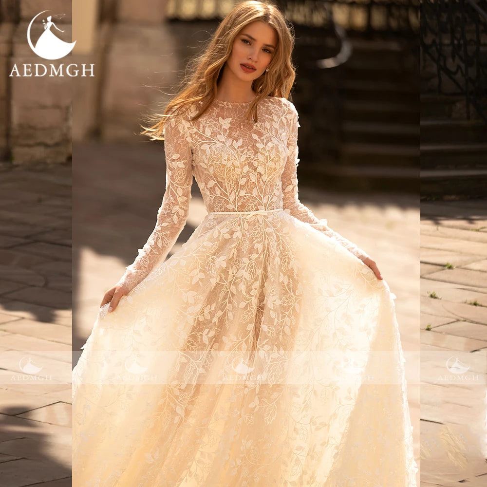 Boho A Line Wedding Dress Long Sleeve Lace Pearl Sequined Custom Bridal Gown