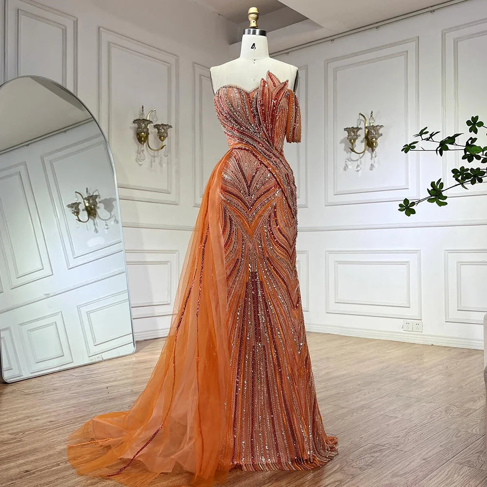 Arabic Blue One Shoulder Evening Gown With Side Overskirt Beaded Dress For Women Party Luxury Dubai LA72662