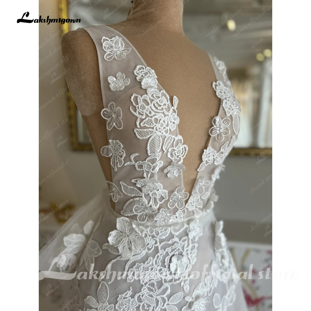 Deep V Neck Lace Floral A Line Wedding Dress Custom Bridal Gown For Women