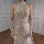 Custom White Pearl Halter Mermaid Evening Gown With Gloves Women