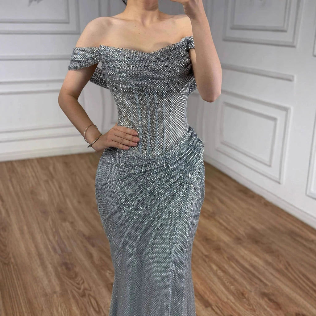 Silver Off Shoulder Mermaid Sparkle Evening Dress for Women Wedding Party Gown