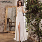 Chiffon A Line Wedding Dress Long Sleeve V Neck Split Appliques