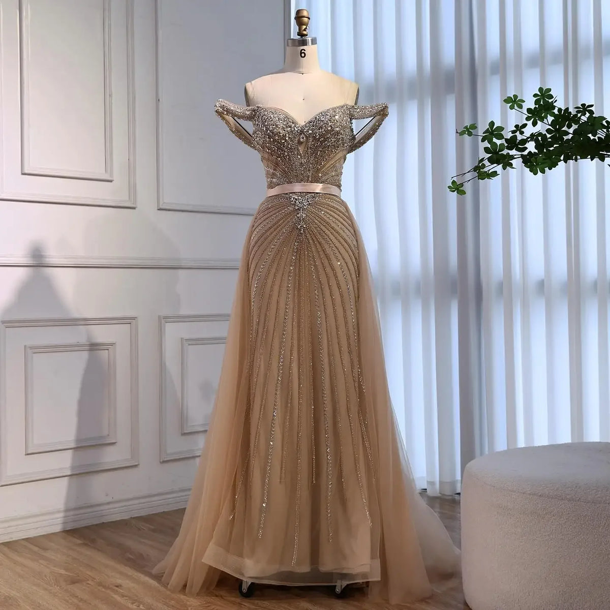 Luxury Beaded Mermaid Off Shoulders Evening Dress Custom Nude Gown For Women