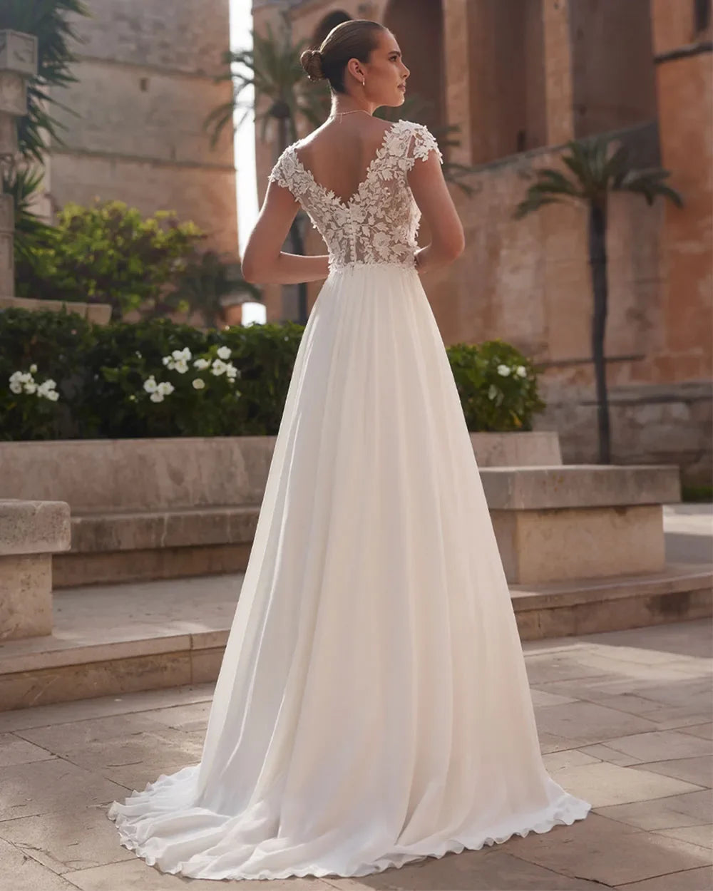 Lakshmigown Custom Lace Chiffon Boho V Neck Open Back Wedding Bridal Dress