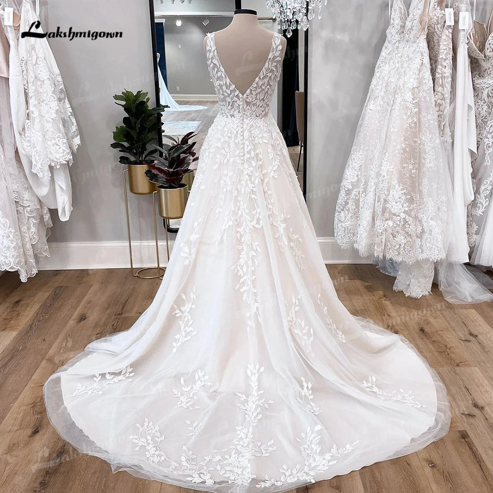 Custom V Neck Floral Lace Beach Wedding A Line Bridal Gown