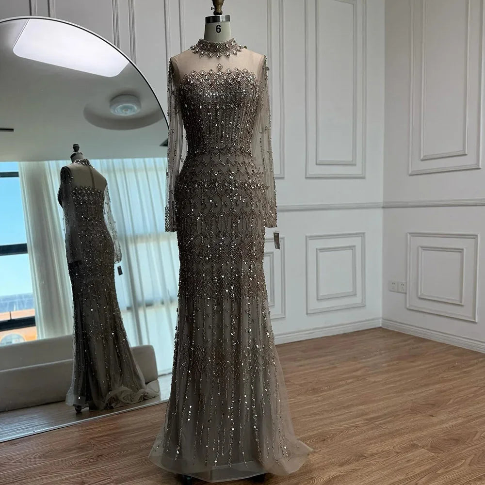 Serene Hill High Neck Beaded Mermaid Evening Dress For Muslim Wedding Gown