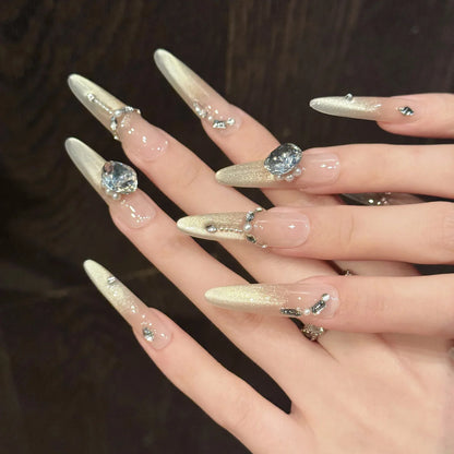 10 uñas postizas largas de ballet con purpurina, color champán, dorado, rubor francés, estilo ojo de gato, hechas a mano, con destellos de diamante. 