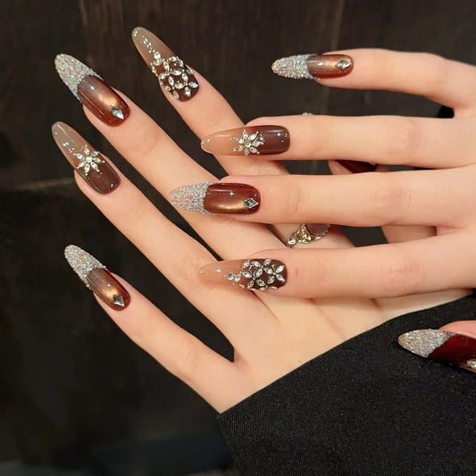 10 uñas postizas hechas a mano con diamantes brillantes, estilo francés, ligeras y de lujo, color marrón, ojo de gato, almendra. 
