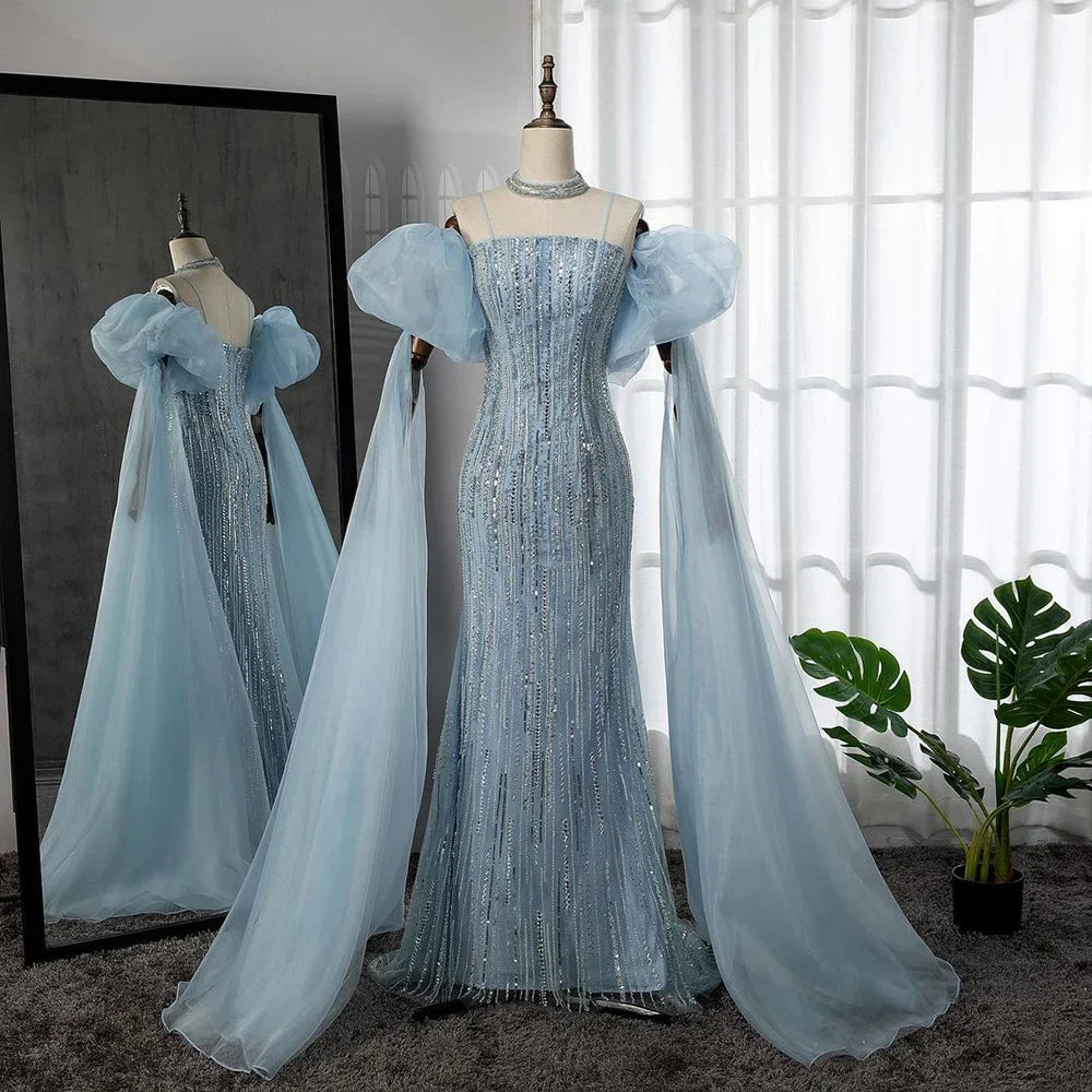 Custom Blue Mermaid Evening Gown Featuring Beaded Puff Sleeves