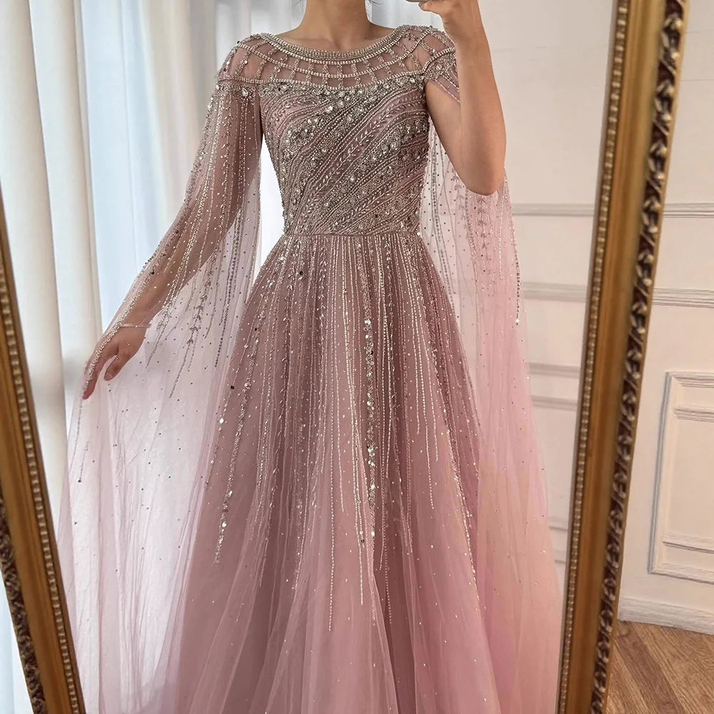 Custom Pink A Line Evening Dress With Beaded Cape Sleeves Formal Gown