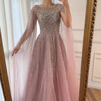 Custom Pink A Line Evening Dress With Beaded Cape Sleeves Formal Gown