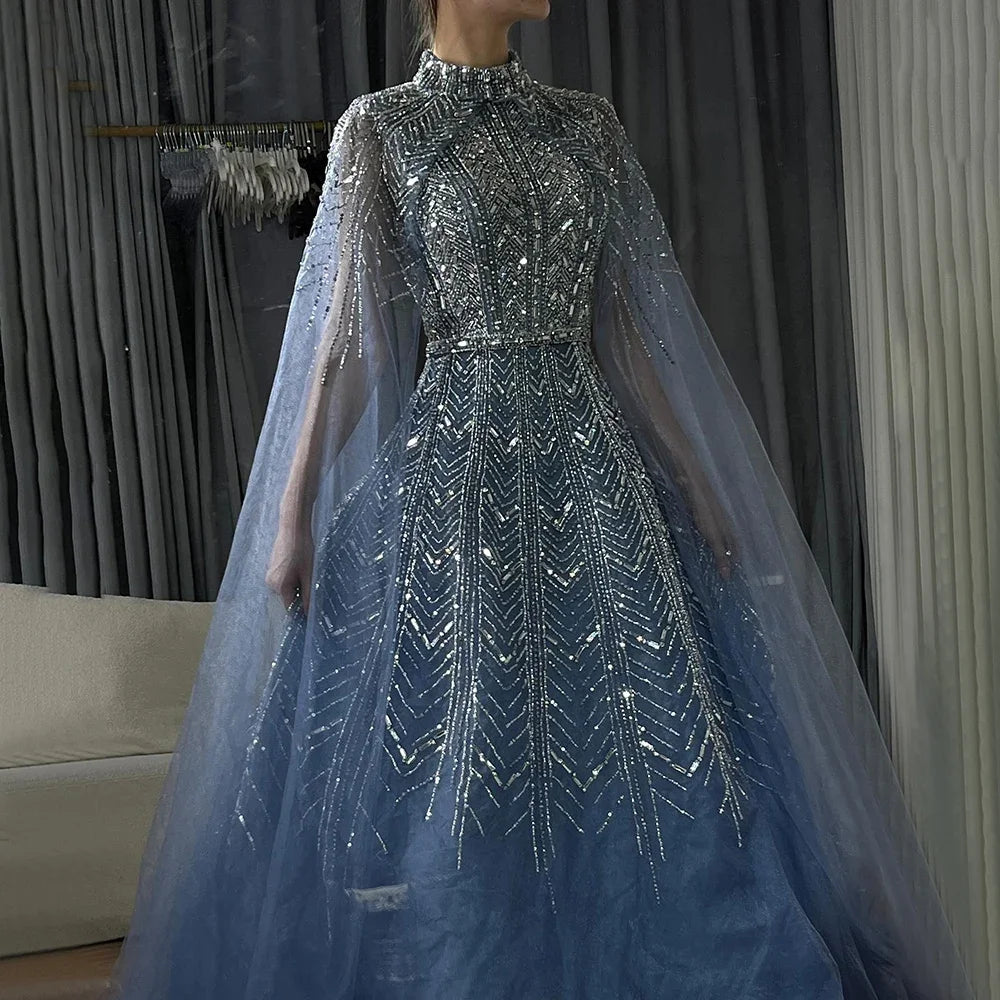 Customized Blue Beaded A Line Cape Sleeve Formal Evening Dress For Women