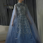 Customized Blue Beaded A Line Cape Sleeve Formal Evening Dress For Women