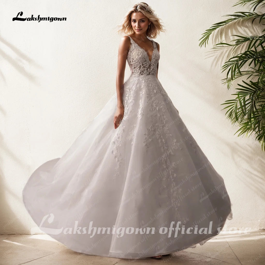 Custom Ivory Lace V Neck Sleeveless A Line Bridal Wedding Dress Boho Style