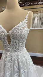 Custom A Line Wedding Dress Spaghetti Straps V Neck Beaded Lace Bridal Gown