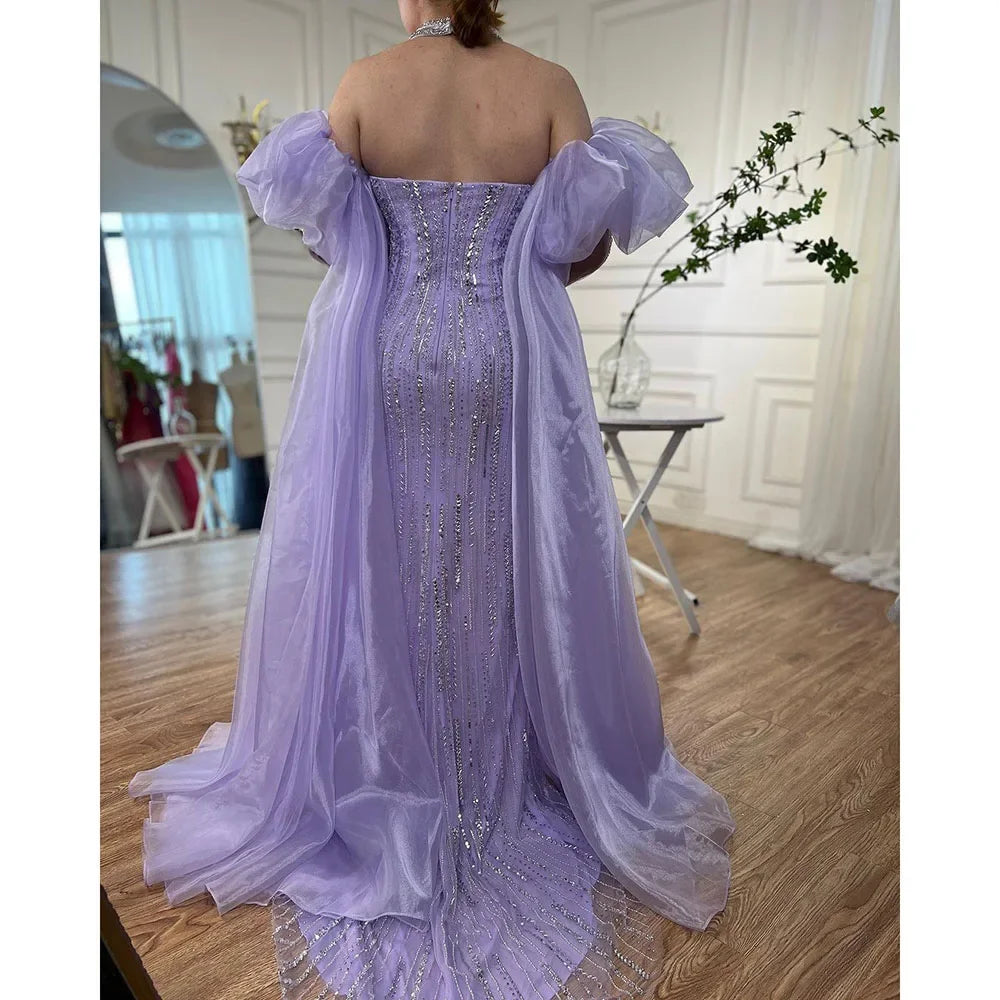 Custom Blue Mermaid Evening Gown Featuring Beaded Puff Sleeves
