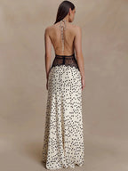 Mozision Polka Dot Backless Sexy Maxi Dress Women Gown Elegant Patchwork Lace Halter Deep V Neck Sleeveless Bodycon Club Dress