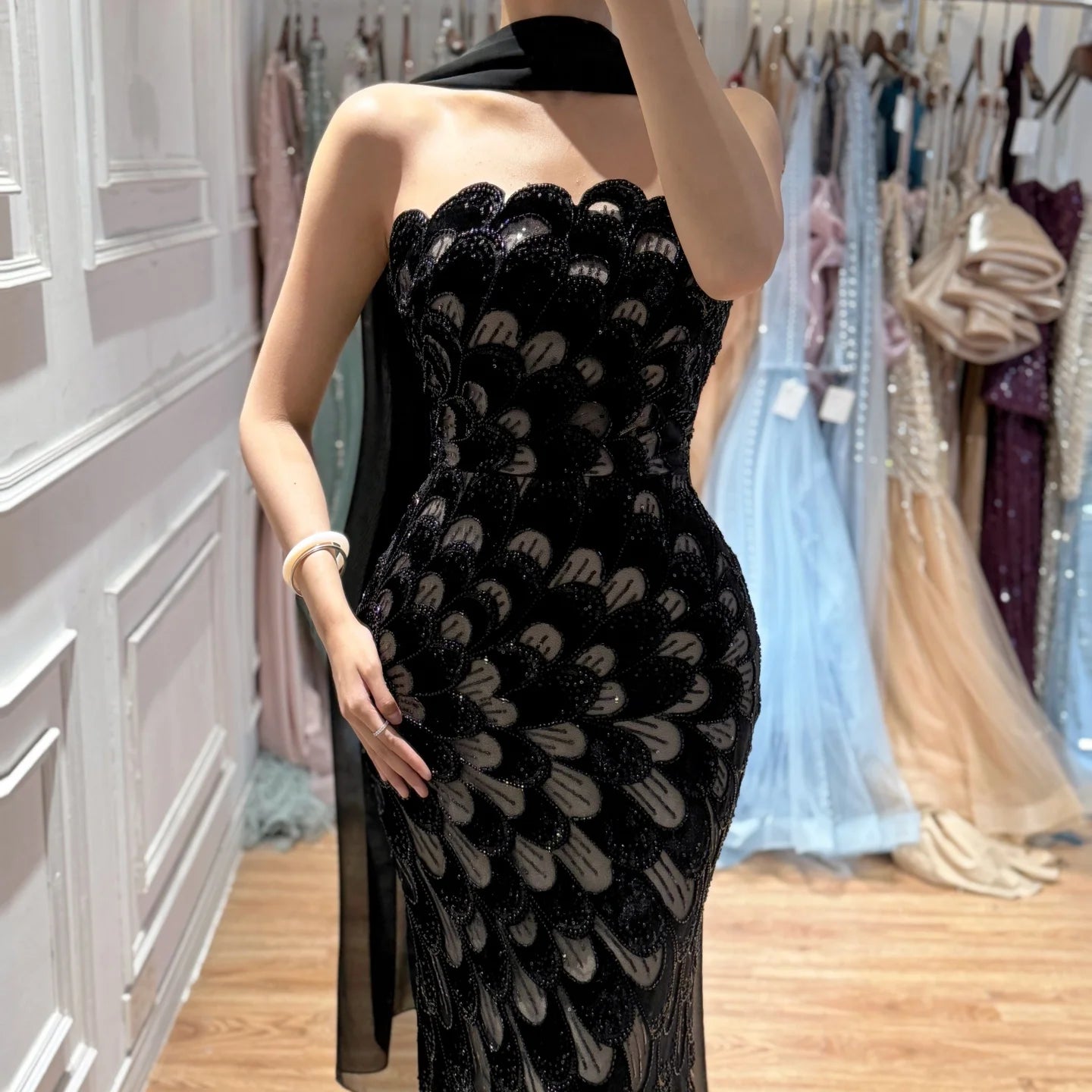 Serene Hill Black Strapless Mermaid Evening Dress With Scarf Formal Gown