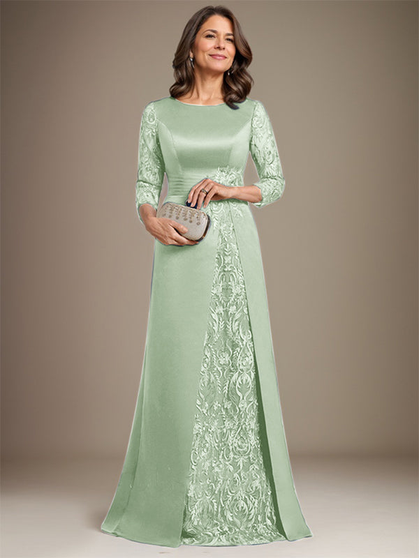 A-Line Scoop Floor-Length Lace Satin Mother Of the Bride Dress With Applique